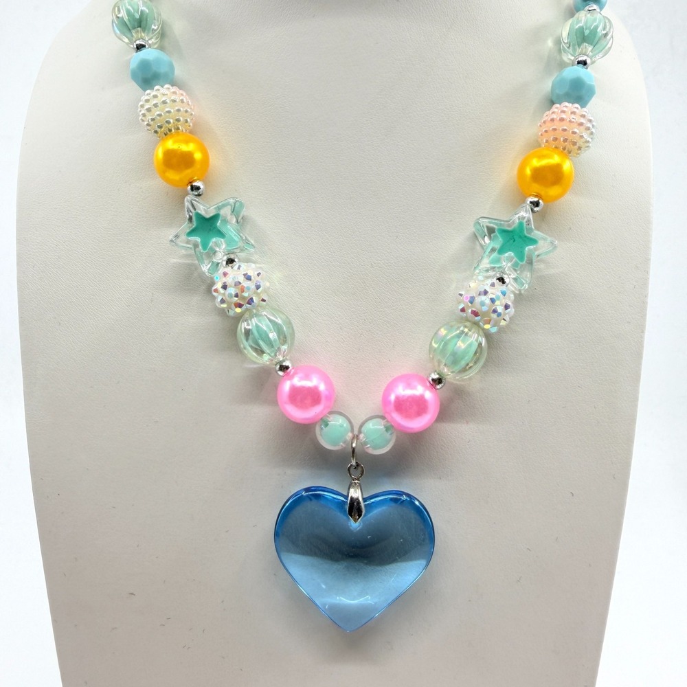 VTG Pastel Chunky Bead Necklace Big Blue Acrylic Heart Pendant Kawaii Kidcore